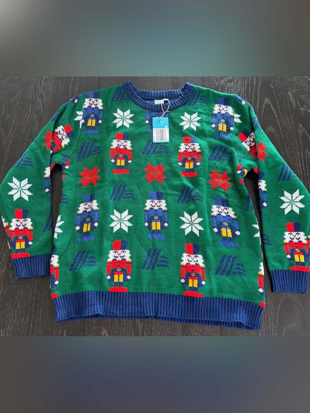 Green Nutcracker Crewneck Sweater with Blue Trim - Holiday Knit